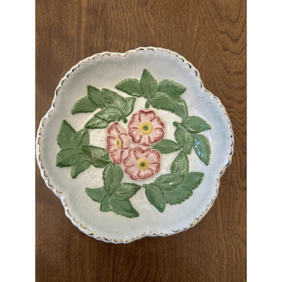 Barbotine Antique French Raised Majolica 3D Bowl Orchid 8” Ceramic Hand Painted